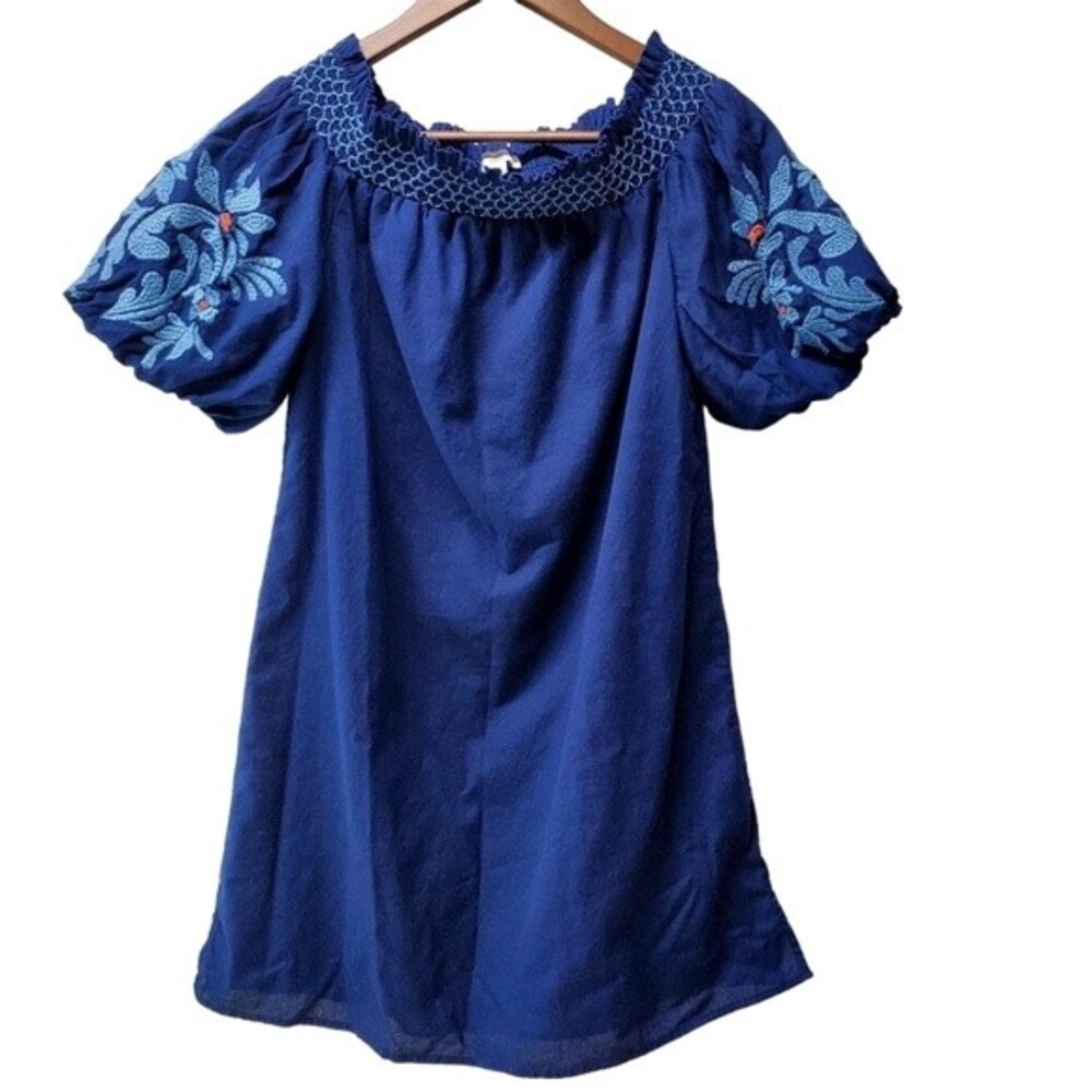 BEACHLUNCHLOUNGE Blue Embroidered Cotton Shift Dress Smocked Neck M